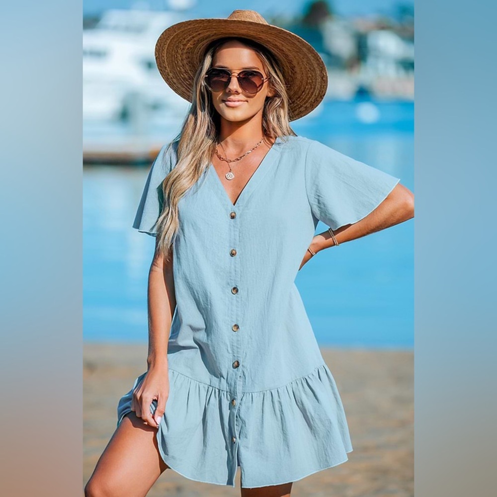 Cupshe Blue V-Neck Flounce Mini Dress